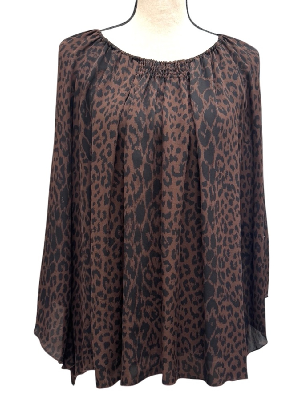 SCOOP NYC BROWN & BLACK LEOPARD PRINT SILK ON OR OFF THE SHOULDER FLOWY BLOUSE